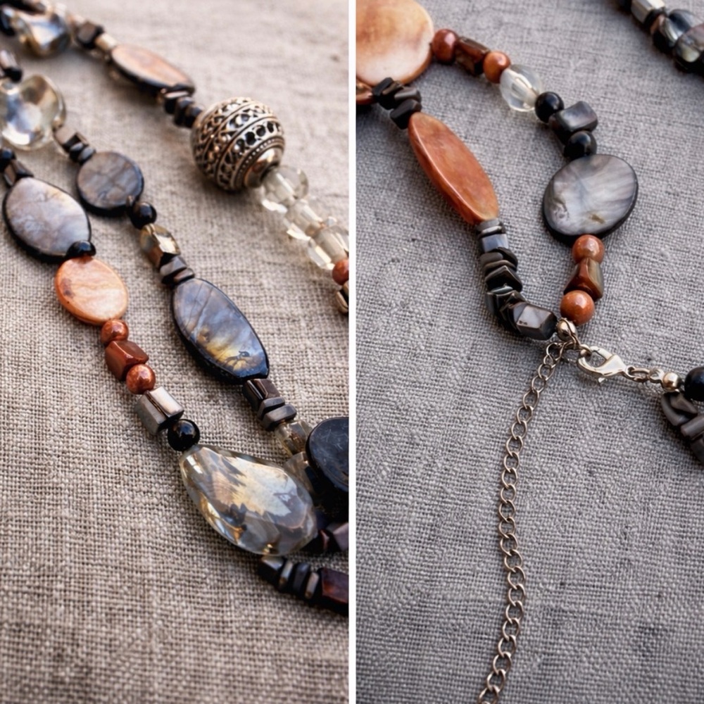 Artisan Shell Glass Filagree Metal Bead Long Necklace Coastal Boho Neutral 34” - Picture 2 of 4